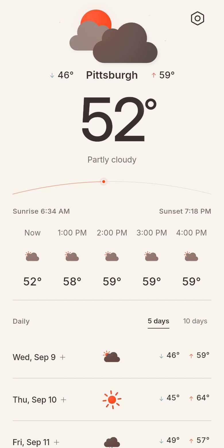 Morrow on iPhone: Pittsburgh, 52 degrees and partly cloudy, with sunset, hourly temperatures, and the days ahead.