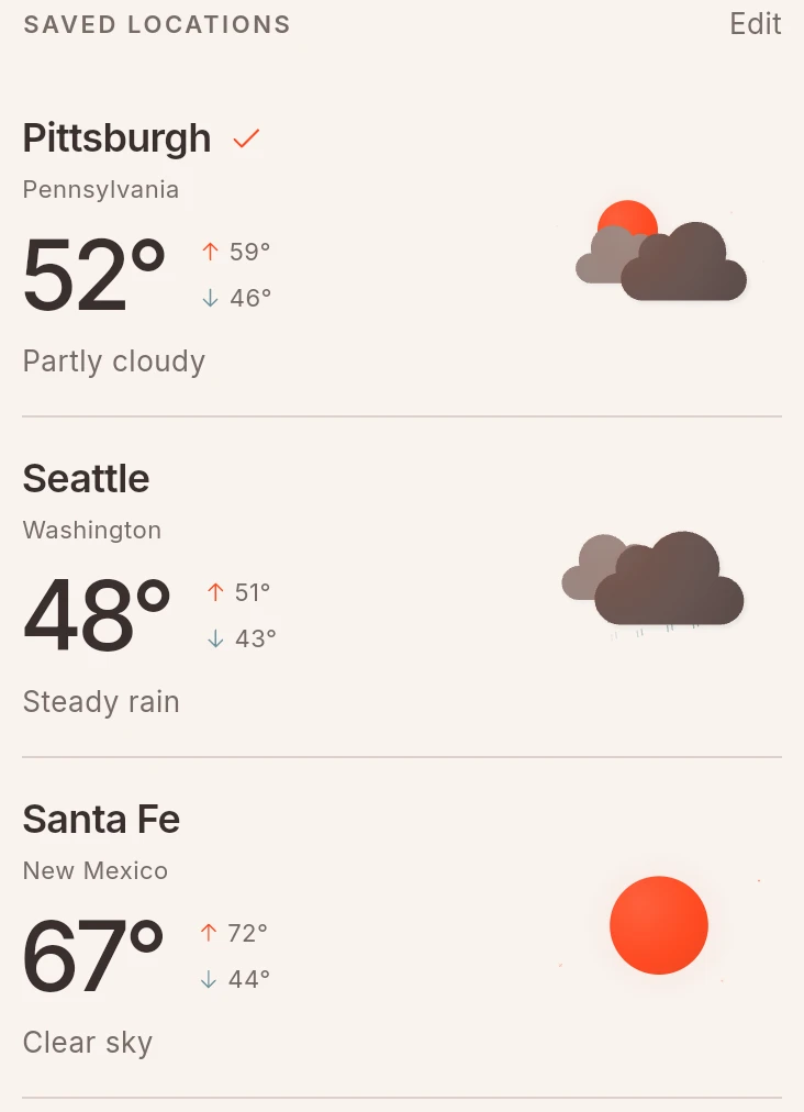 Morrow’s saved locations screen, showing Pittsburgh’s current conditions and high and low temperatures.